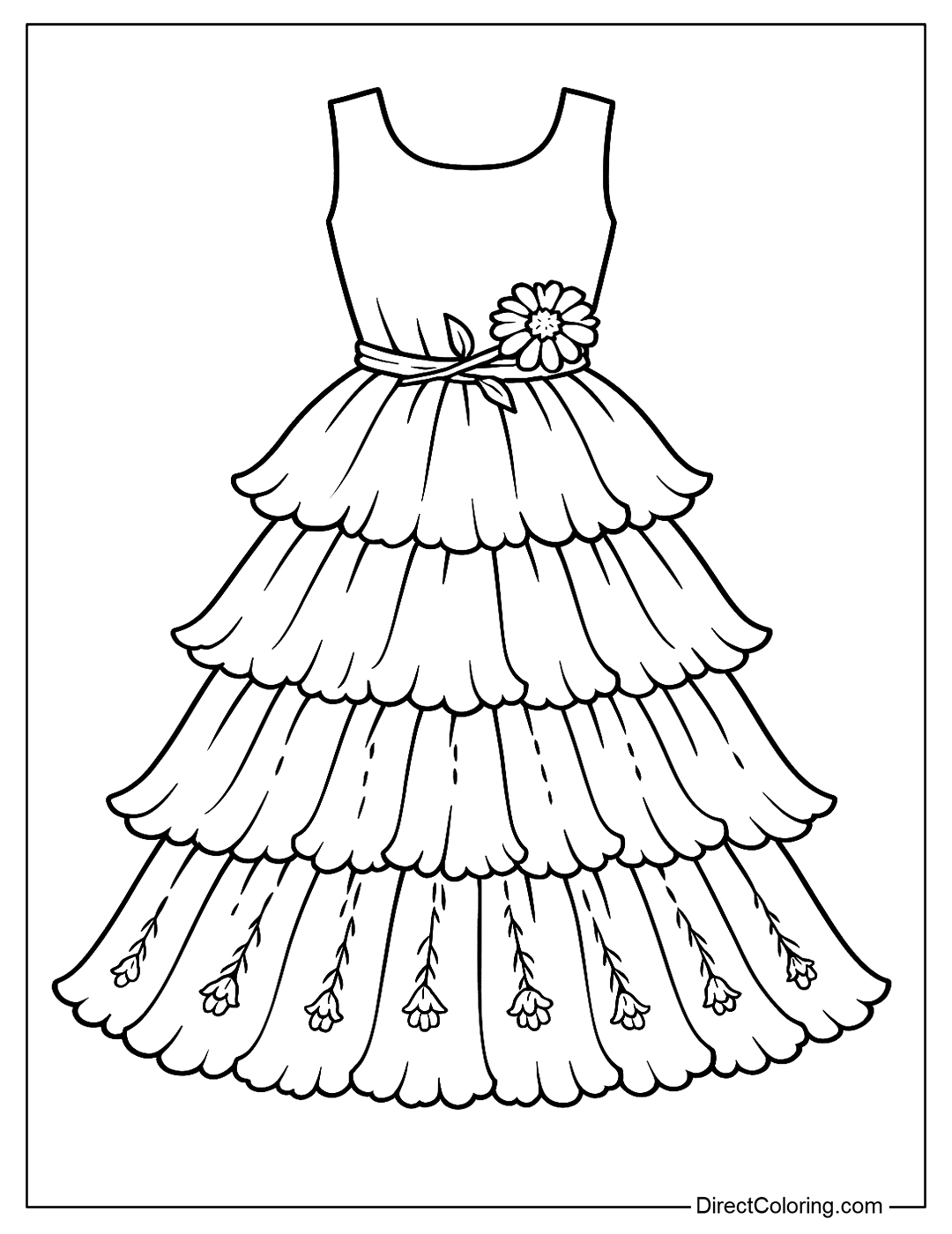 A marigold layered dress coloring page, each layer is a layer of overlapping petals, the waist is a flower branch